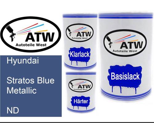 Hyundai, Stratos Blue Metallic, ND: 500ml Lackdose + 500ml Klarlack + 250ml Härter - Set, von ATW Autoteile West.